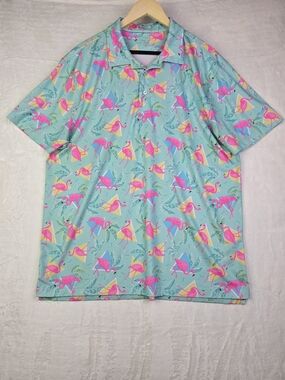 Chubbies Men's Polo Shirt XL Flamingo Print Teal Pink Golf Performance Stretch